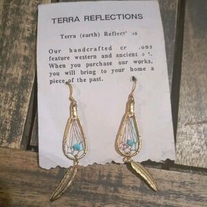 Terra Reflections Gold and Turquoise Feather Earrings